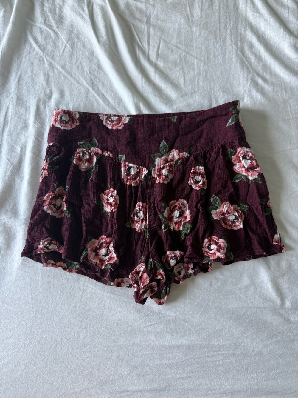 Forever 21 Burgundy Floral Ruffle Shorts